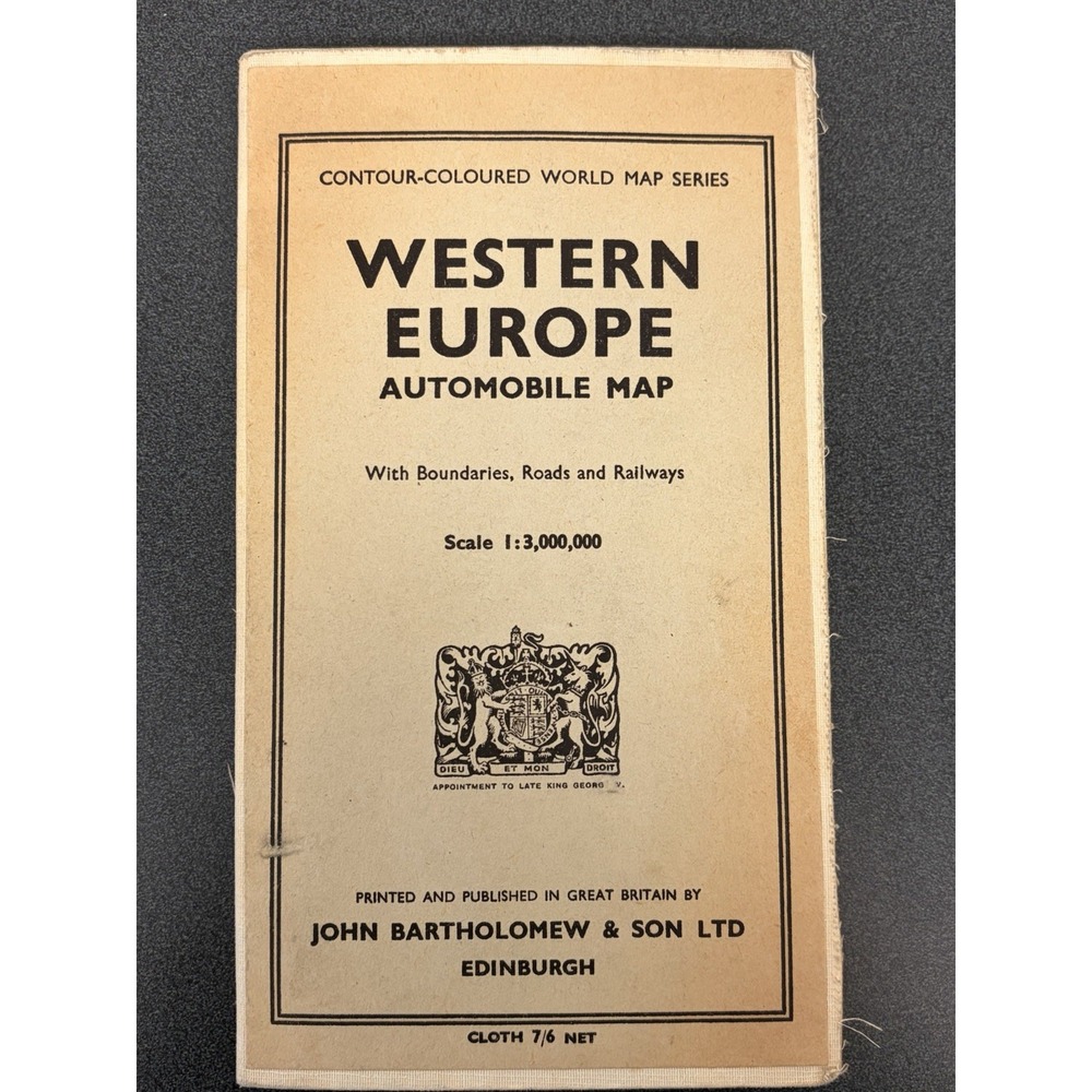 Vintage Western Europe Automobile Map Cloth John Bartholomew and Son